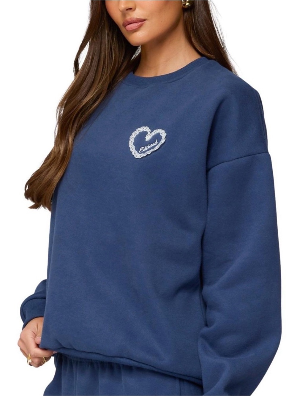 EDIKTED women’s Navy Heart Crewneck Sweatshirt with lace heart. Size M - Picture 2 of 5